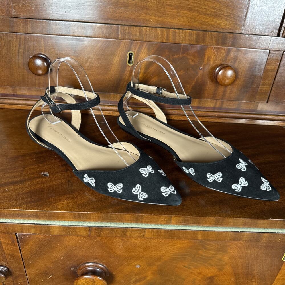 Anthropologie Black Suede Embroidered Bow Pointed Toe Ankle Strap Ballet Flats 9